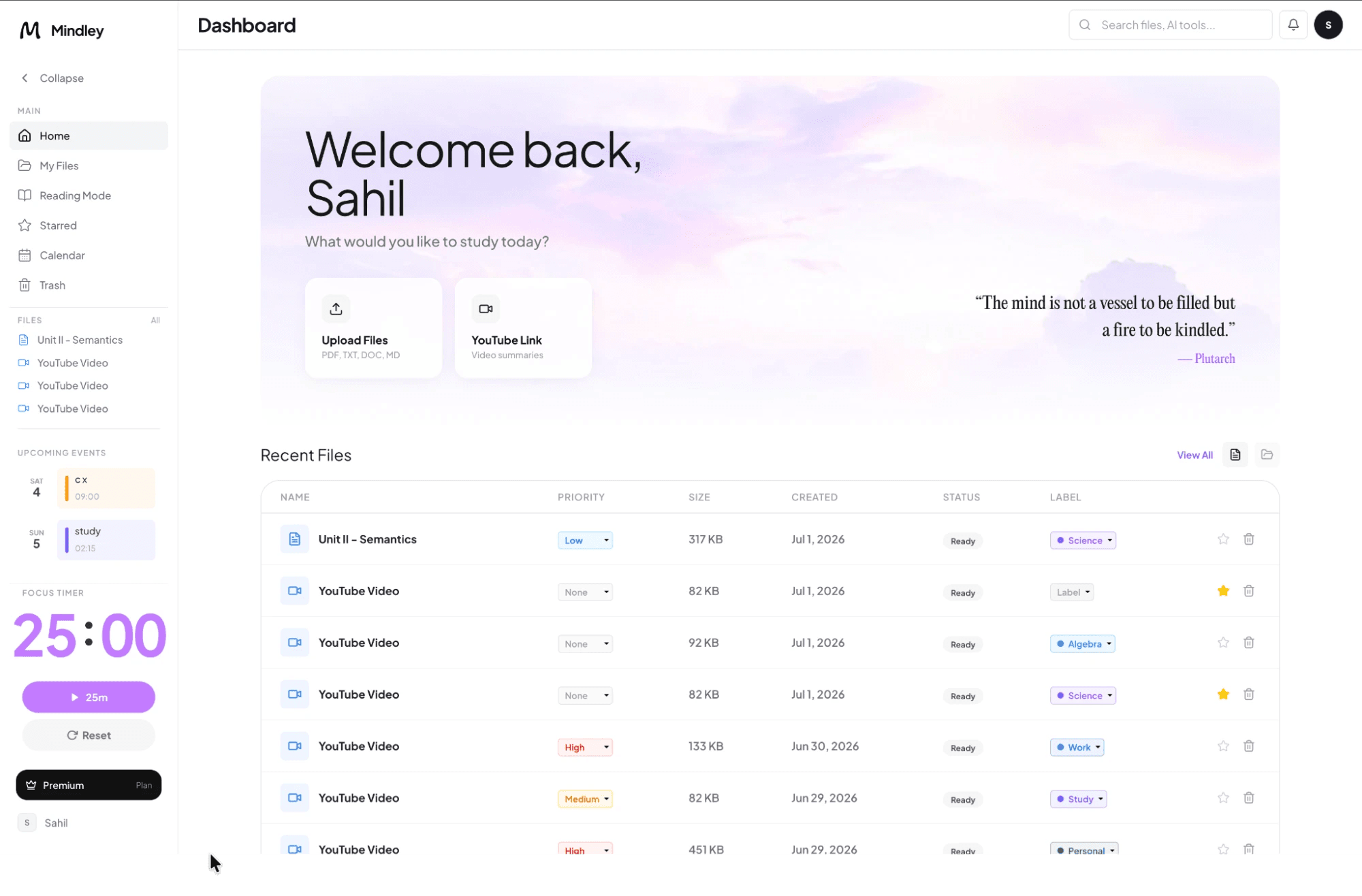 Mindley AI study tool dashboard with notes, flashcards, quizzes, files, calendar, and focus timer